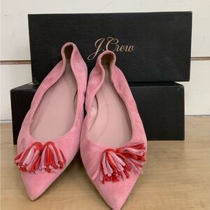 Pink suede flats with pointy toes & tassels